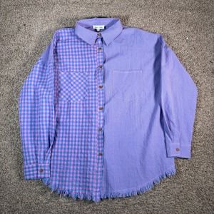 Sewn +‎ Seen Gingham Fringe Hem Shirt Oversized Button Down Top Pink Purple M